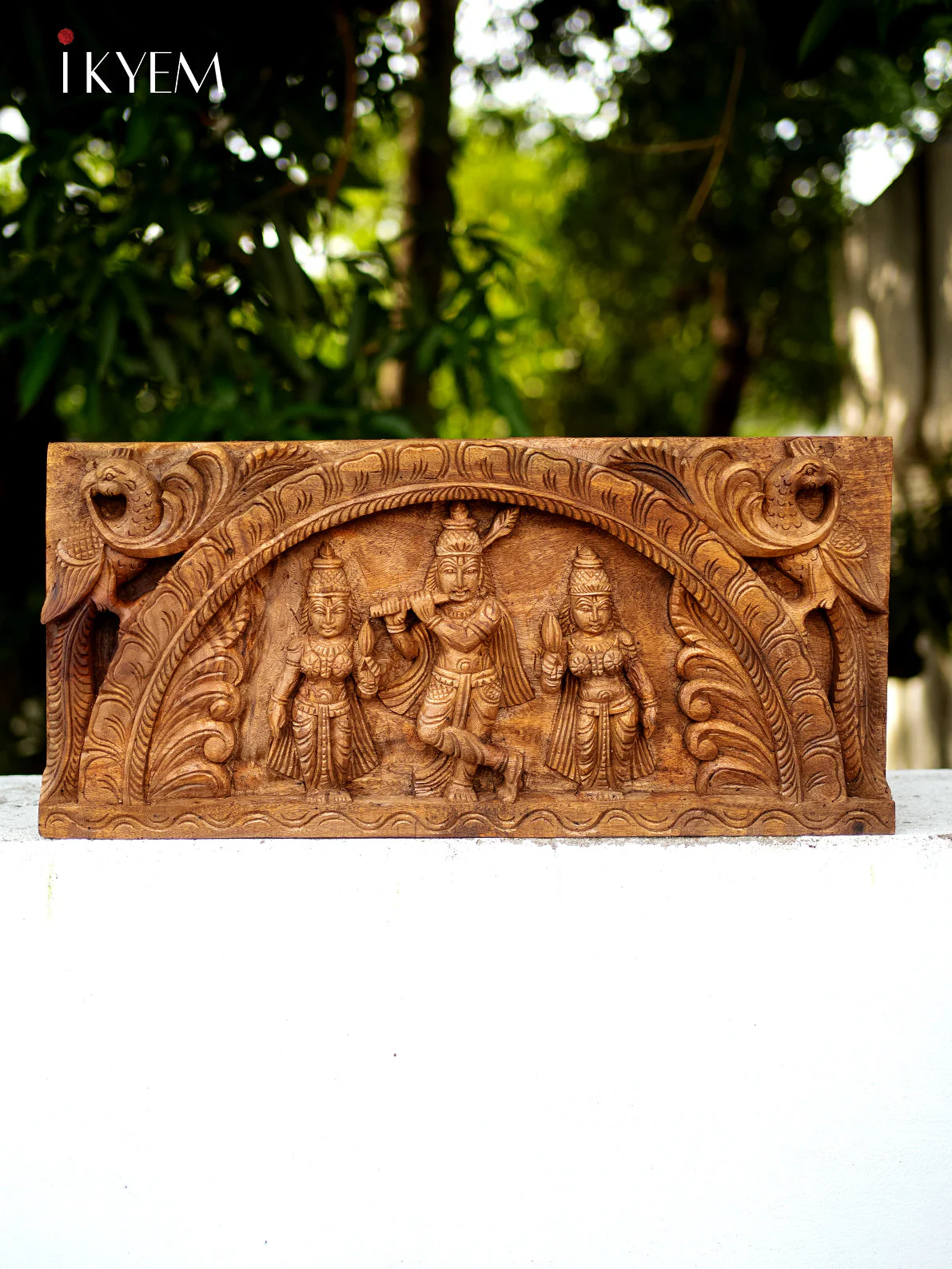 Hand Carved Wooden Wall Panel Of Lord Krishna with Bhama & Rukmani - 4GJ09020