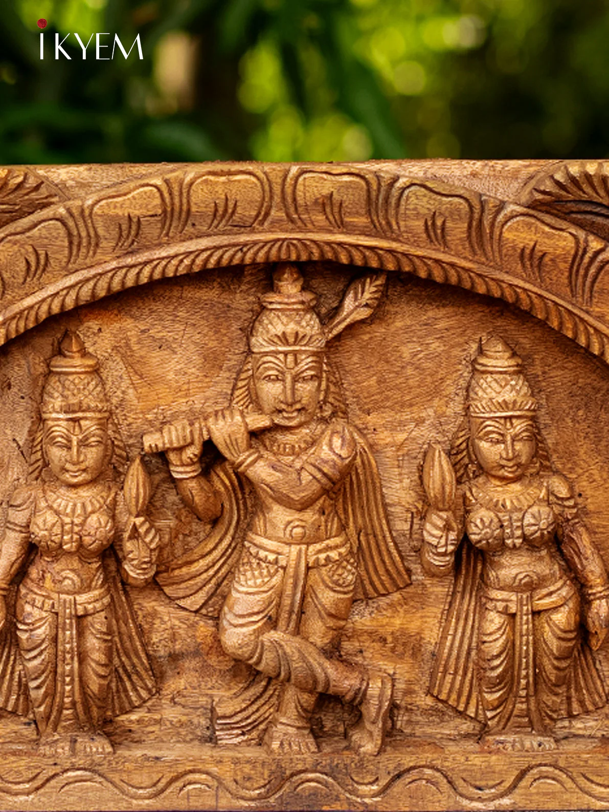 Hand Carved Wooden Wall Panel Of Lord Krishna with Bhama & Rukmani - 4GJ09020 - Image 2
