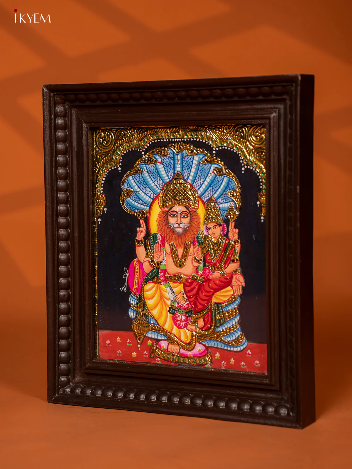 Regal Lakshmi Narasimha Tanjore Painting in Teakwood Frame - KE27202 - Image 4