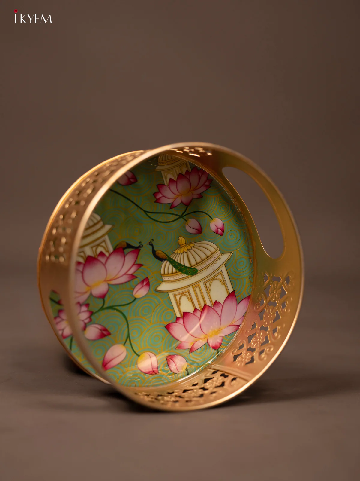 Leaf Green Pichwai Printed Round Metal Tray With Flowers & Peacock - KF19120 - Image 3