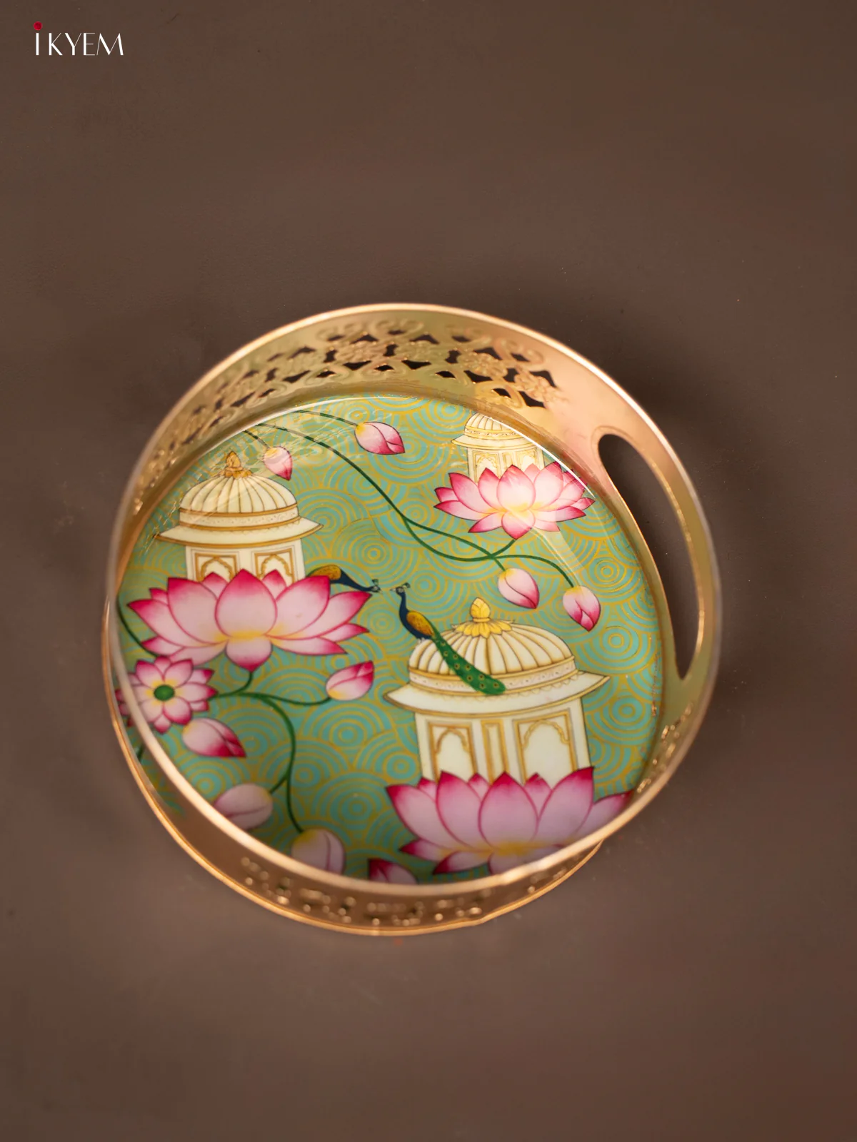 Leaf Green Pichwai Printed Round Metal Tray With Flowers & Peacock - KF19120 - Image 4