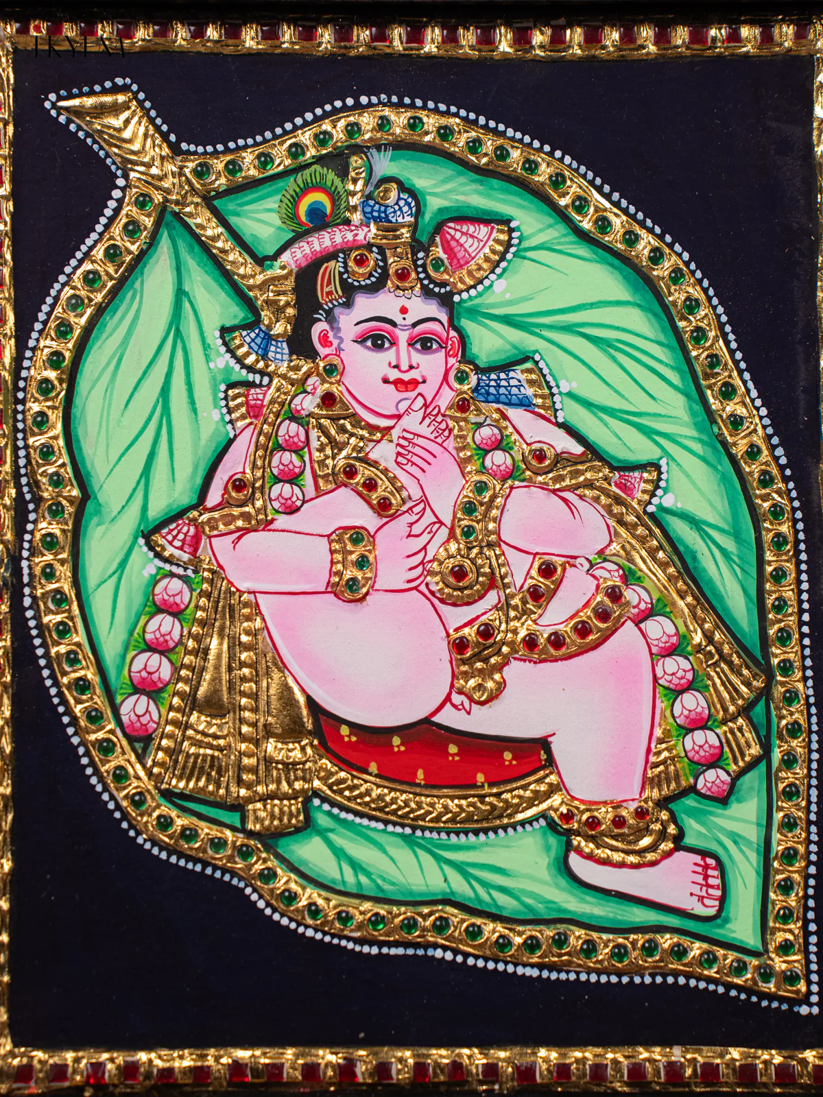Lord Bala Krishna on Banyan Leaf Tanjore Painting - (15×13) Inch - KJ03201 - Image 3
