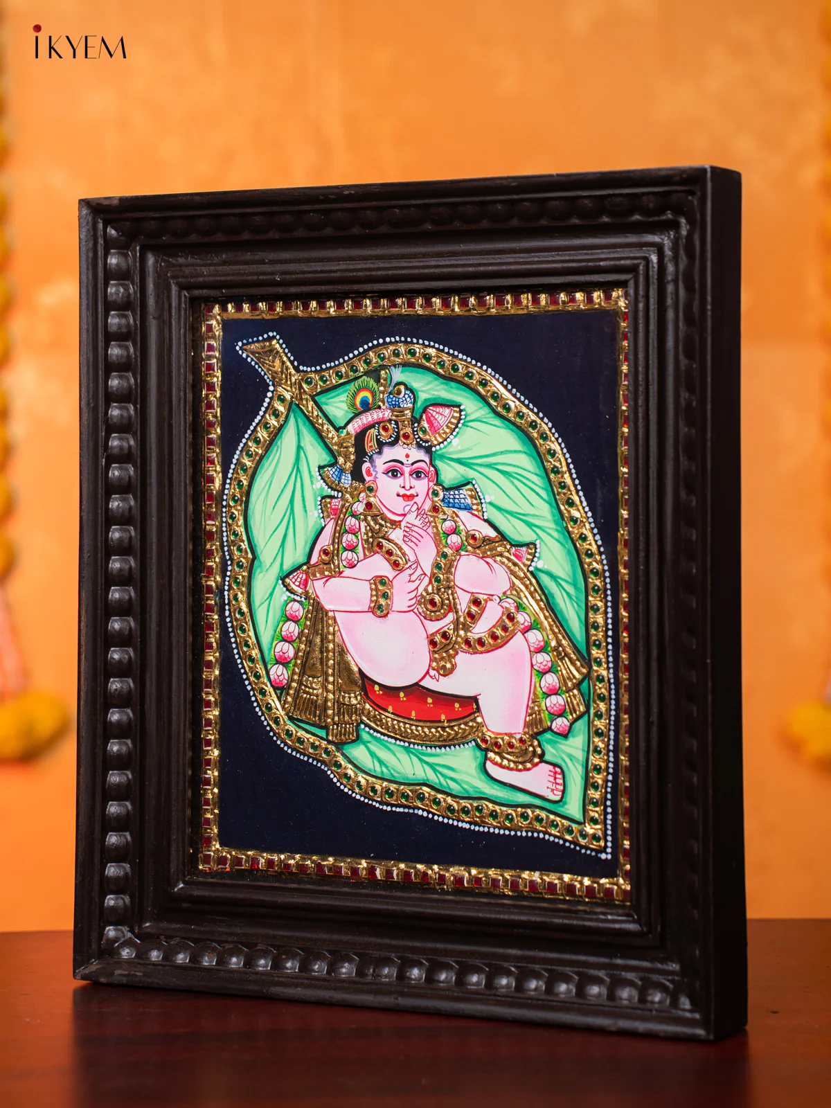 Lord Bala Krishna on Banyan Leaf Tanjore Painting - (15×13) Inch - KJ03201 - Image 4