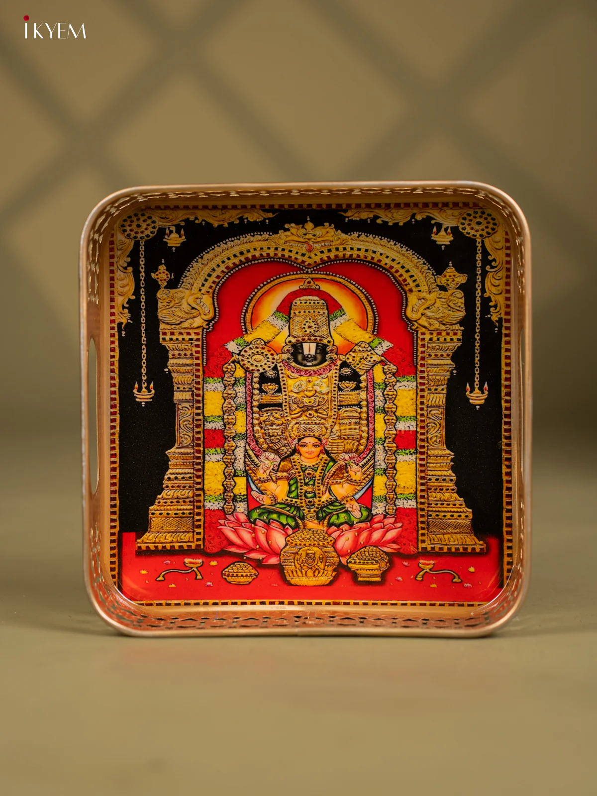 Lord Balaji & Goddess Lakshmi Printed Square Metal Tray - KF24207