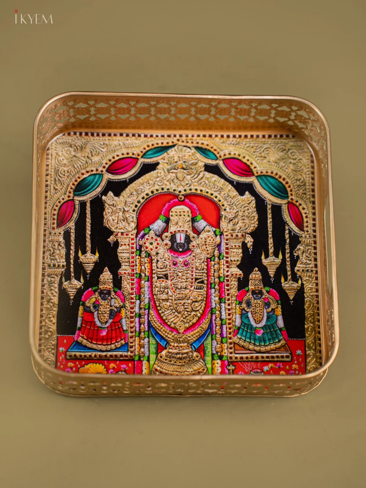 Divine Lord Balaji With Sridevi & Bhudevi Printed Metal Tray - KF24208