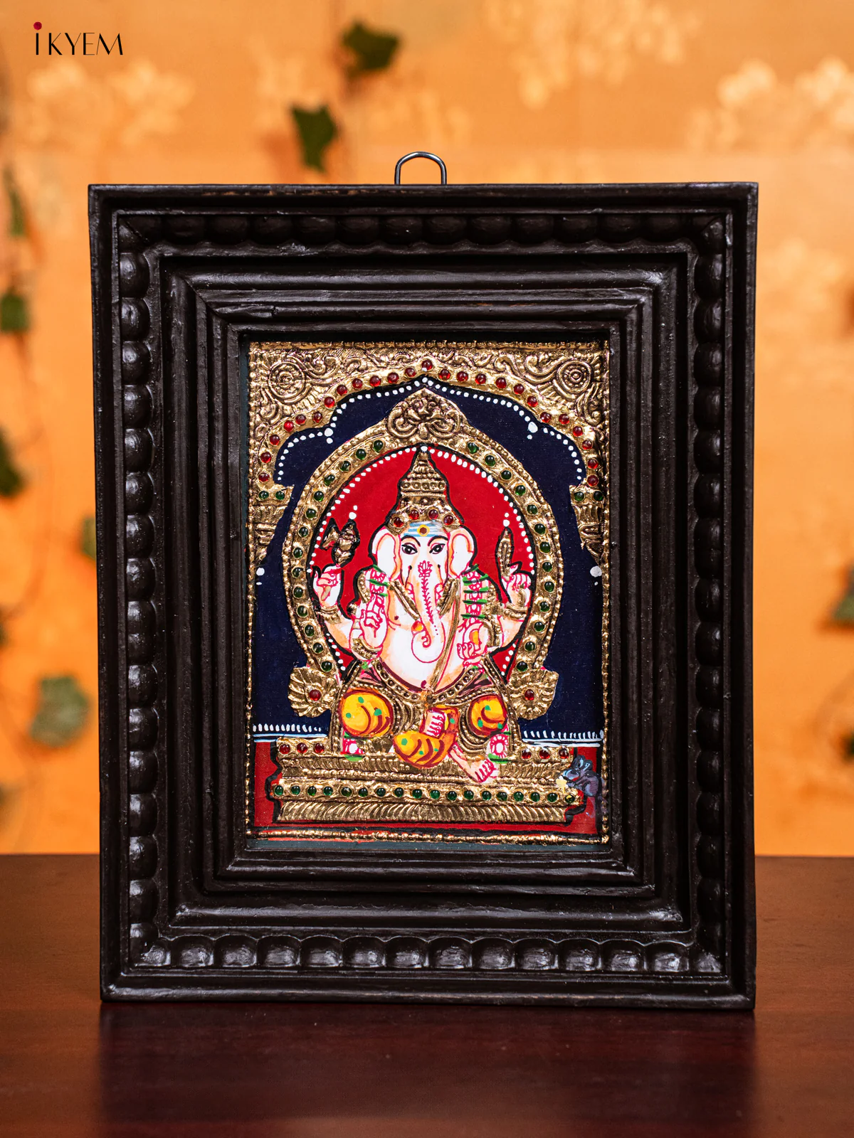 Graceful Lord Ganesha Tanjore Painting in Teak Wood Frame (11x9 Inch) - KH26113
