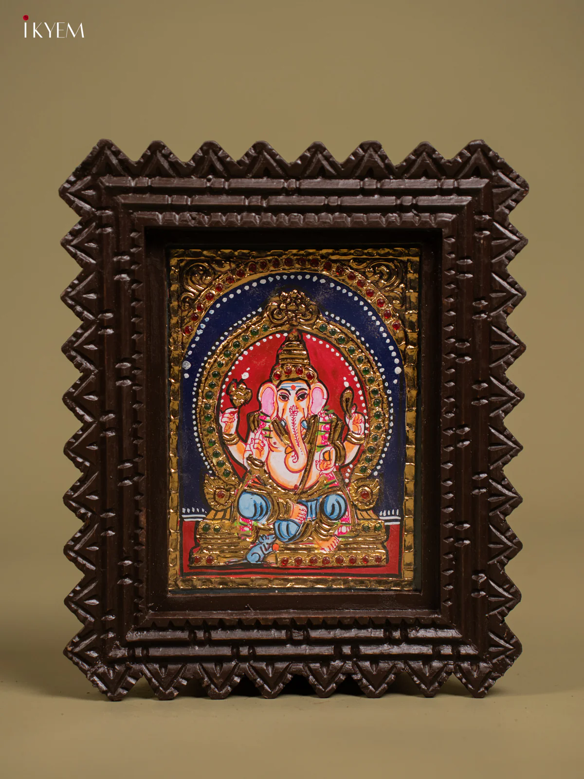 Handcrafted Lord Ganesha Tanjore Painting in Chettinad style Teakwood Frame (11x9)- KF26131