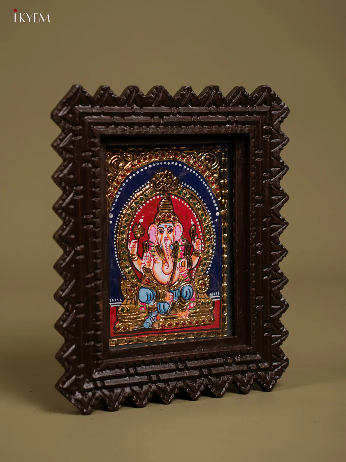 Handcrafted Lord Ganesha Tanjore Painting in Chettinad style Teakwood Frame (11x9)- KF26131 - Image 2