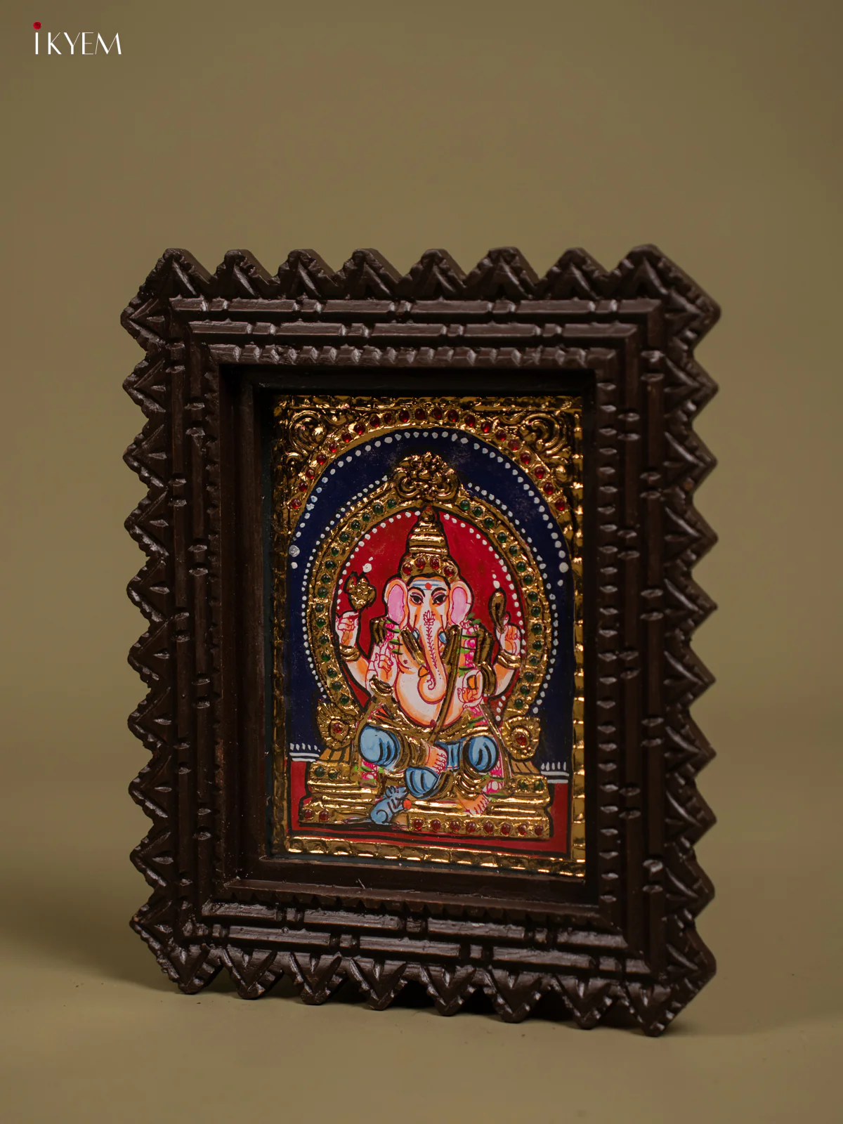 Handcrafted Lord Ganesha Tanjore Painting in Chettinad style Teakwood Frame (11x9)- KF26131 - Image 3