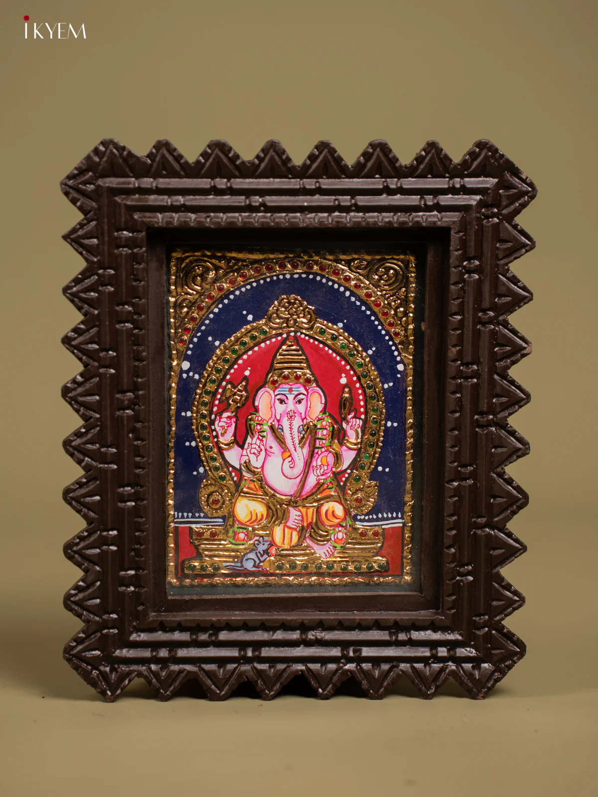 Handcrafted Lord Ganesha Tanjore Painting in Chettinad style Teakwood Frame - KF26137