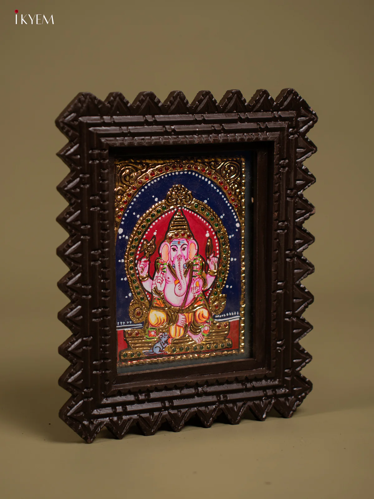 Handcrafted Lord Ganesha Tanjore Painting in Chettinad style Teakwood Frame - KF26137 - Image 2