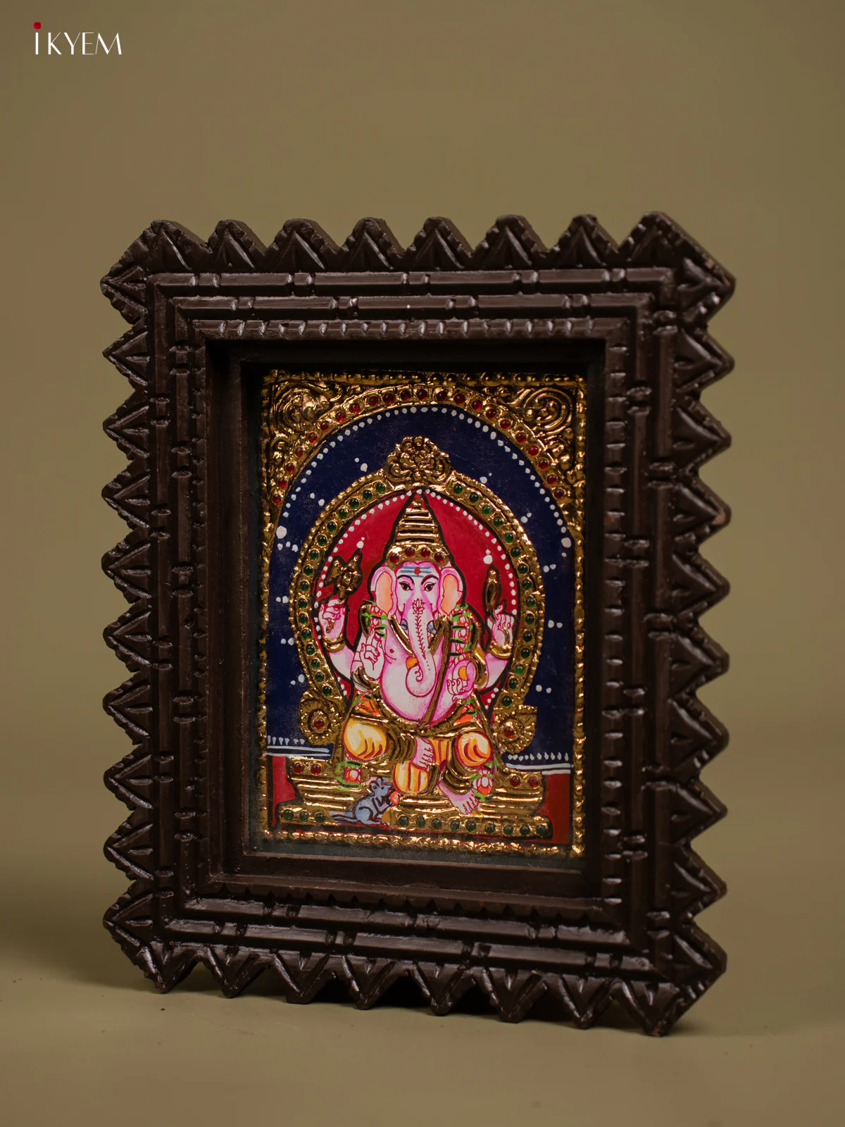 Handcrafted Lord Ganesha Tanjore Painting in Chettinad style Teakwood Frame - KF26137 - Image 3