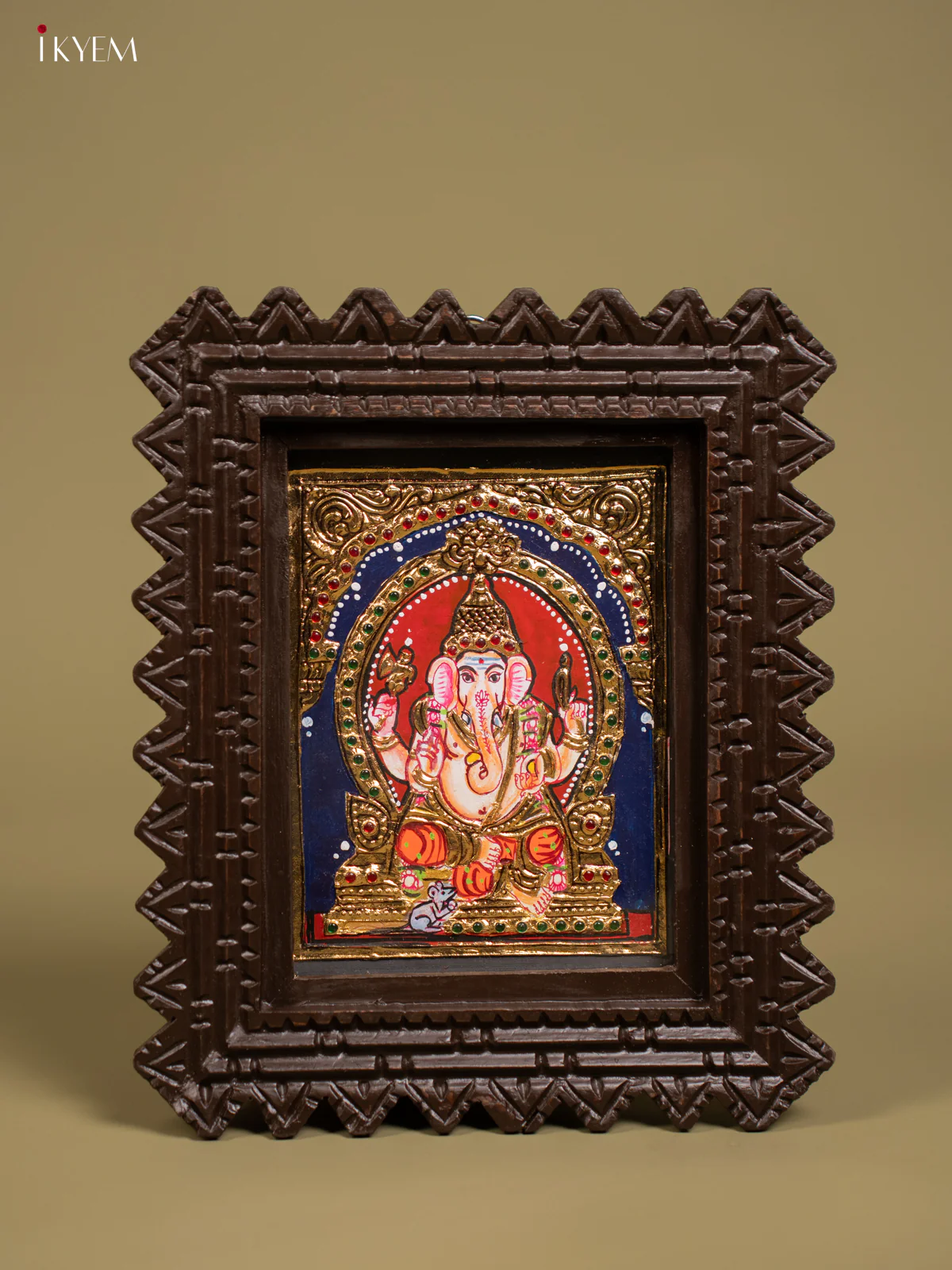 Lord Ganesha Tanjore Painting in Chettinad style Teakwood Frame - KF26139