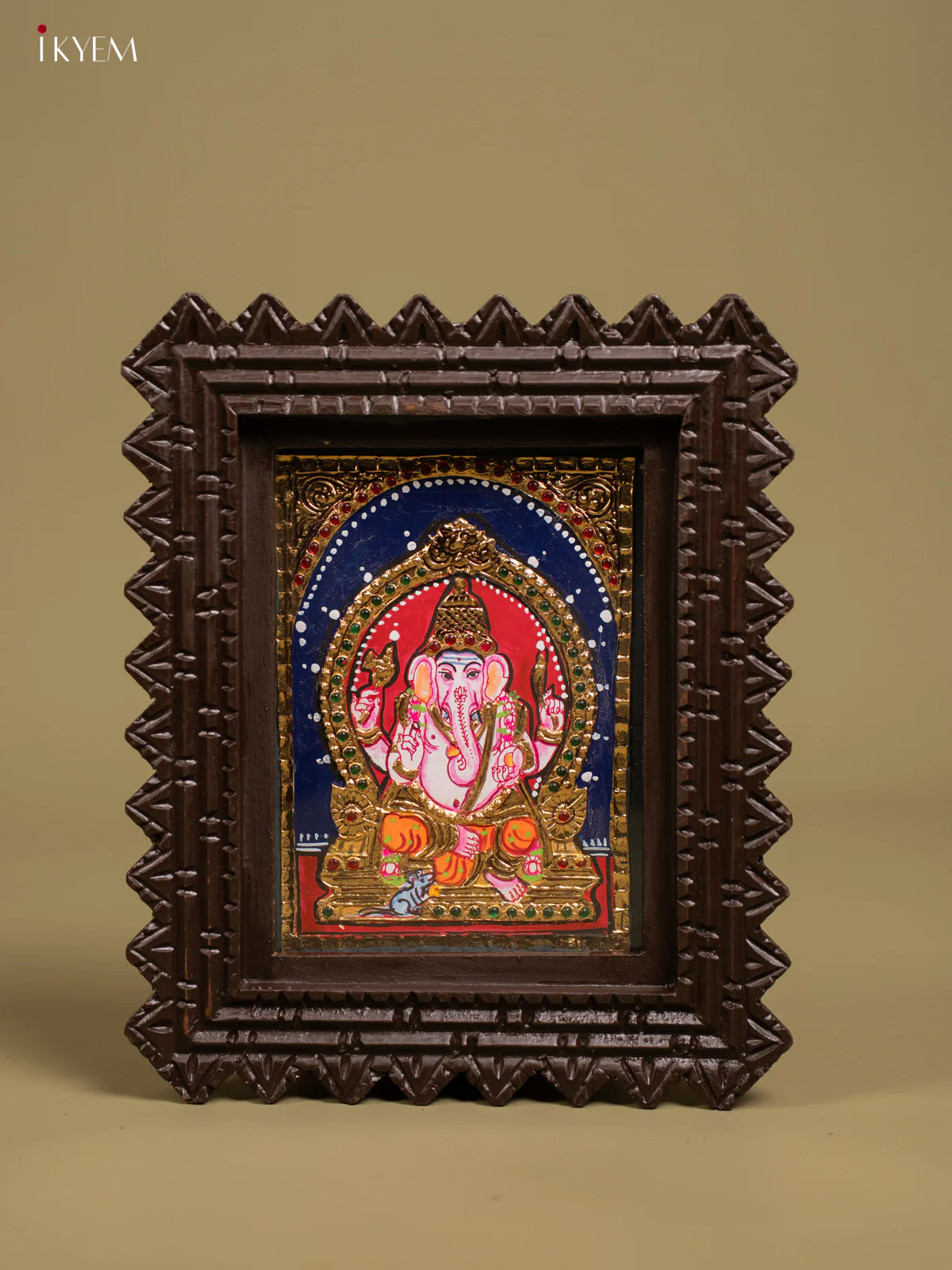 Lord Ganesha Tanjore Painting in Chettinad style Teakwood Frame - KF26142