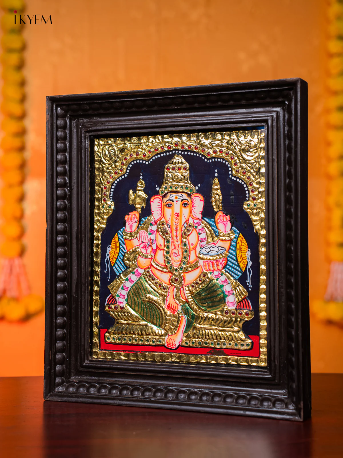Divine Lord Ganapathy Thanjavur painting (15*13 inches) - KJ03189 - Image 2
