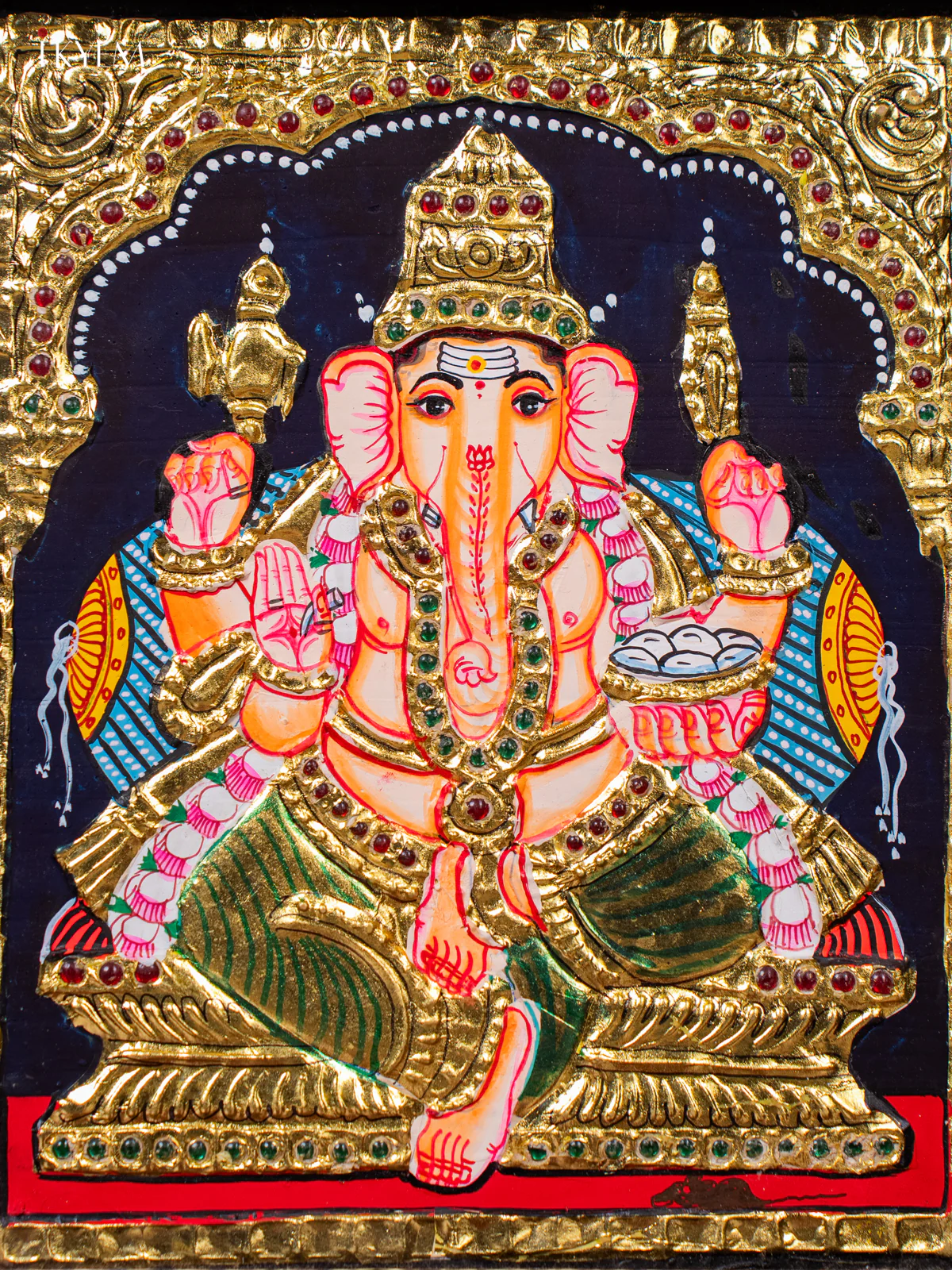 Divine Lord Ganapathy Thanjavur painting (15*13 inches) - KJ03189 - Image 3