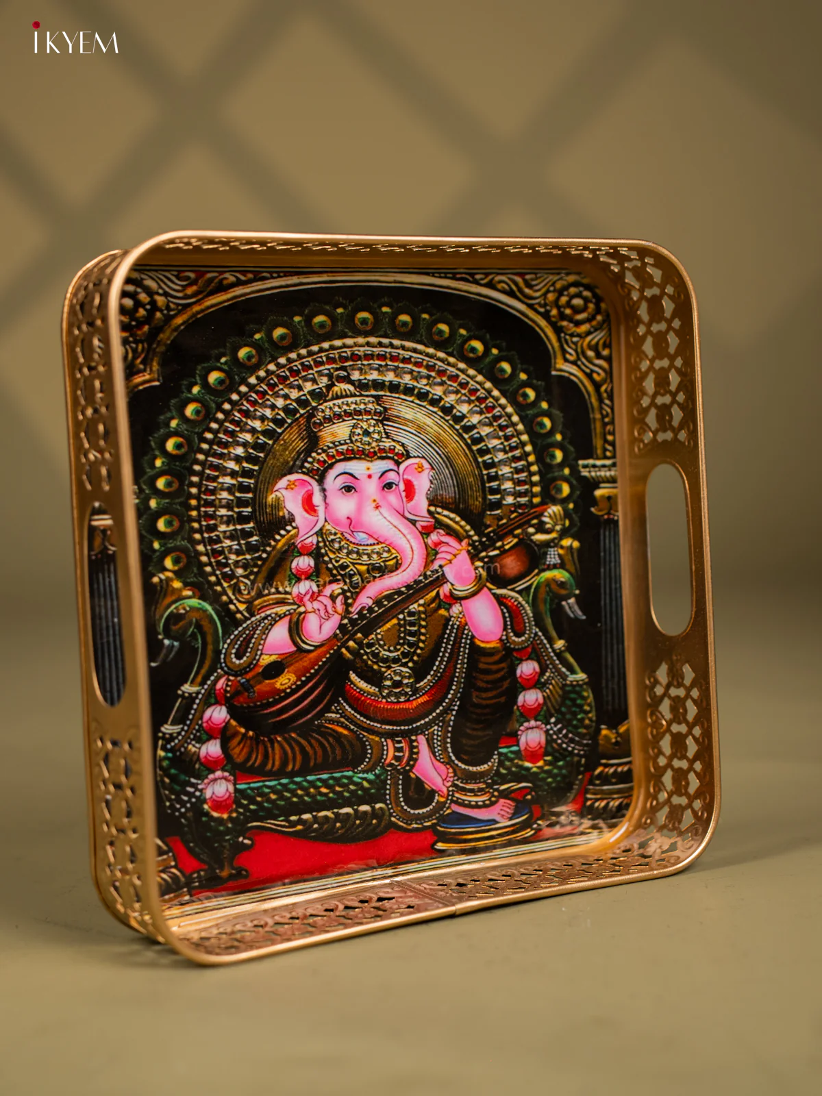 Lord Ganesha With Veena Square Metal Trays - KF25119 - Image 2