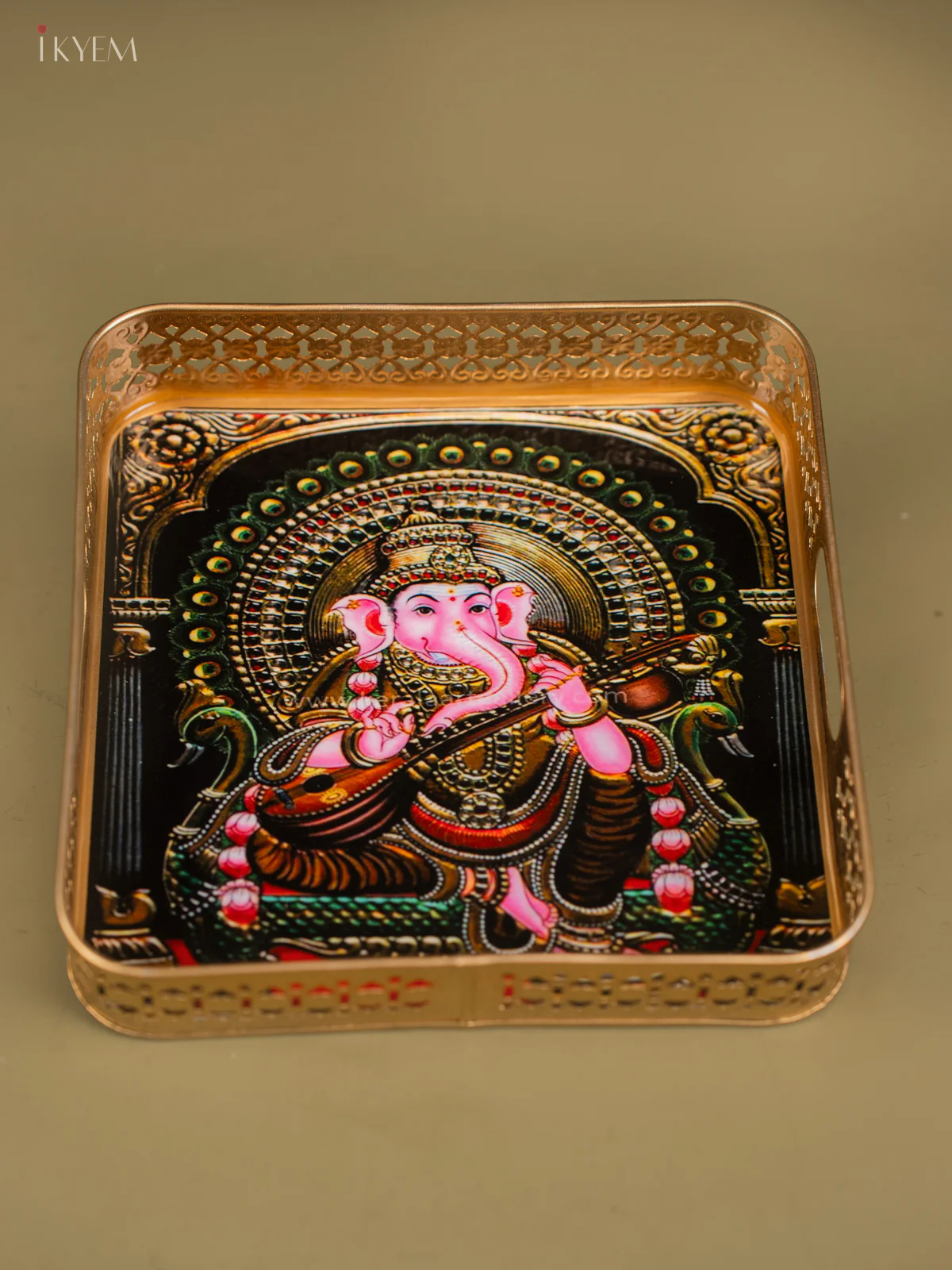 Lord Ganesha With Veena Square Metal Trays - KF25119 - Image 4