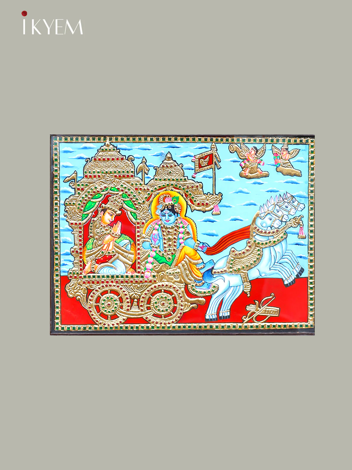 Regal Tanjore Painting Depicting Lord Krishna & Arjuna's Geethopadesam - 4IJ21023 - Image 3