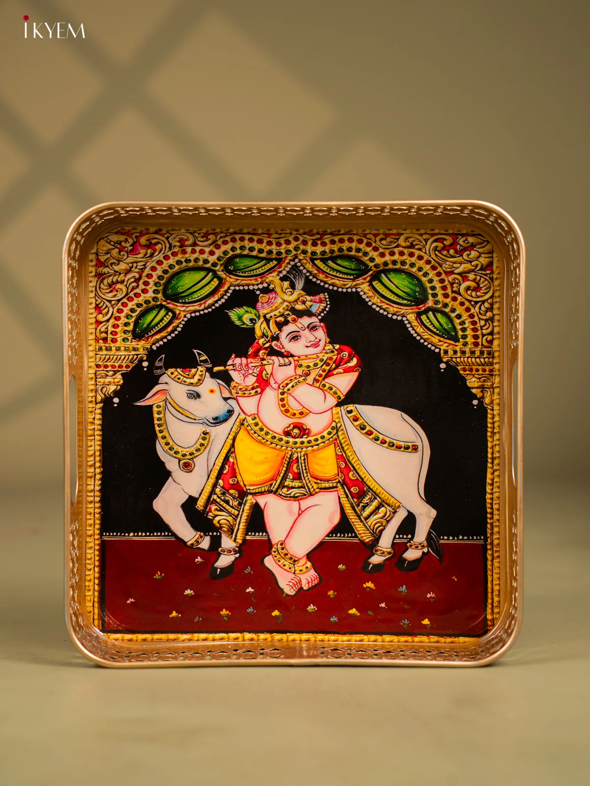 Divine Lord Krishna & Cow Printed Metal Trays - KF25117
