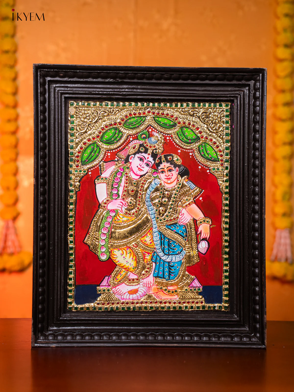 Divine Couple Krishna Rukmani Tanjore painting - (18×15) Inch - KJ03226
