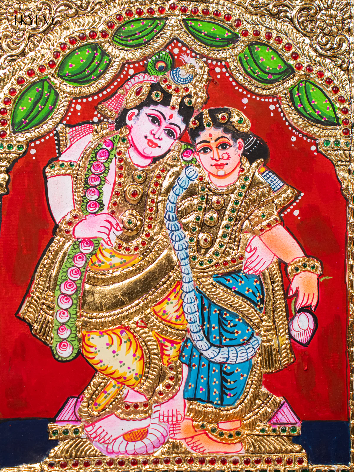 Divine Couple Krishna Rukmani Tanjore painting - (18×15) Inch - KJ03226 - Image 3