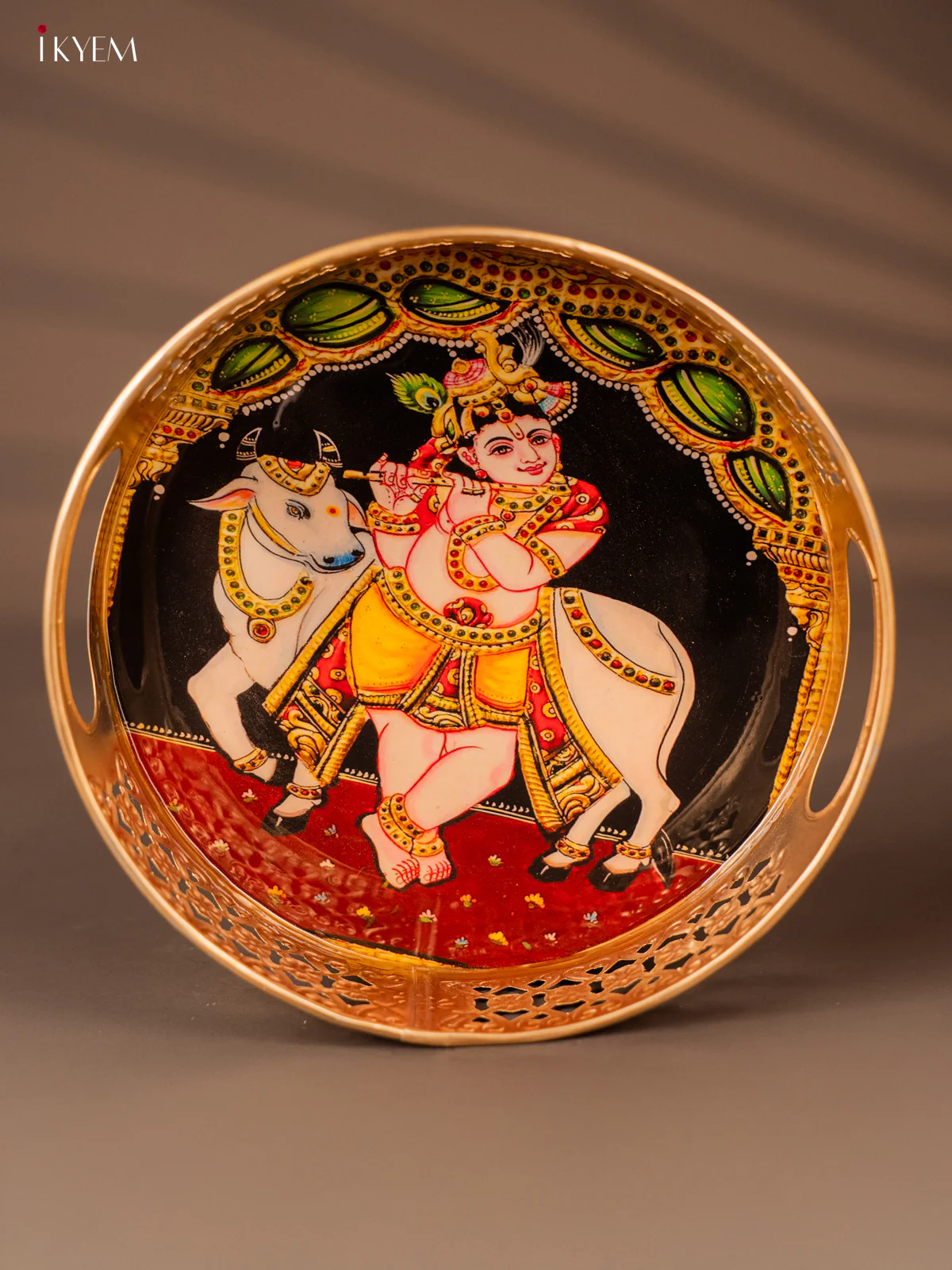 Beautiful God Krishna Playing Flute With Cow Printed Metal Tray - KH05126