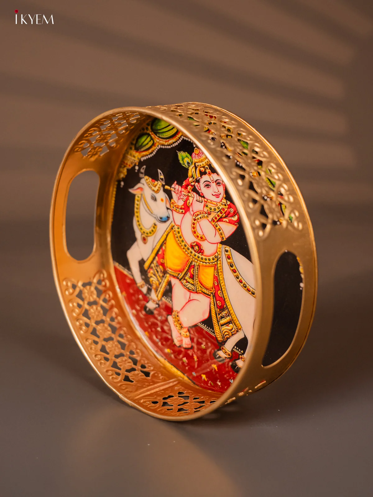 Beautiful God Krishna Playing Flute With Cow Printed Metal Tray - KH05126 - Image 3