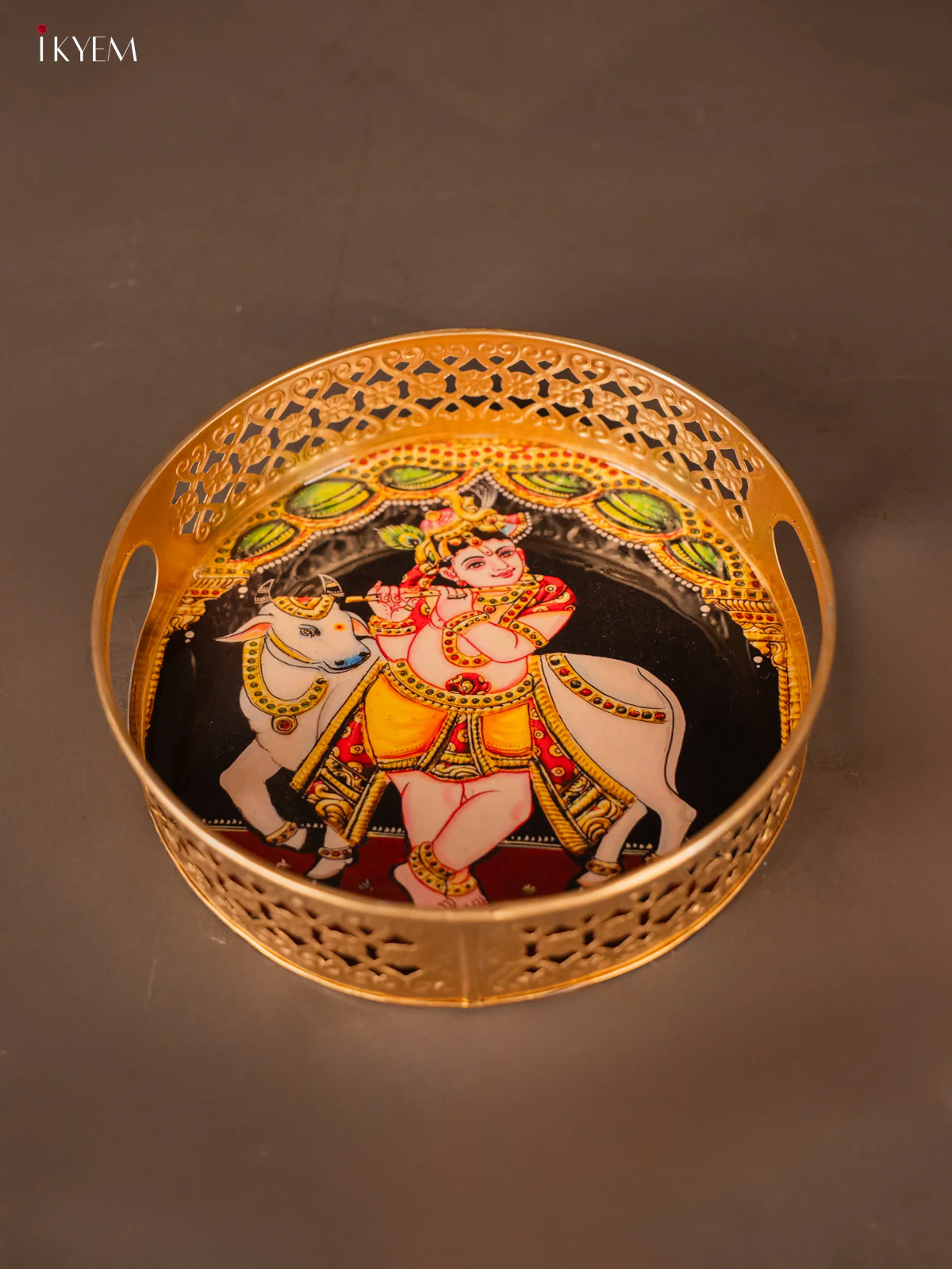 Beautiful God Krishna Playing Flute With Cow Printed Metal Tray - KH05126 - Image 4