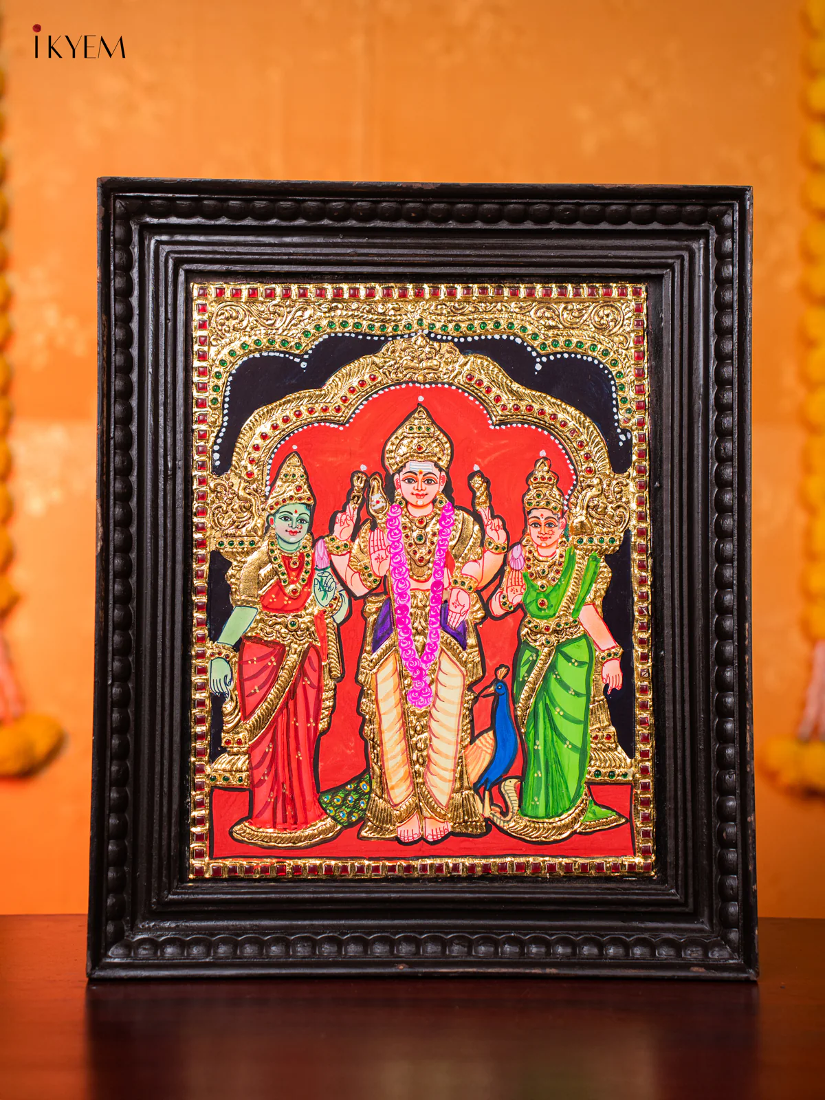 Radiant Lord Murugar With Valli & Deivanai Tanjore painting (18*15 Inch) - KJ03217