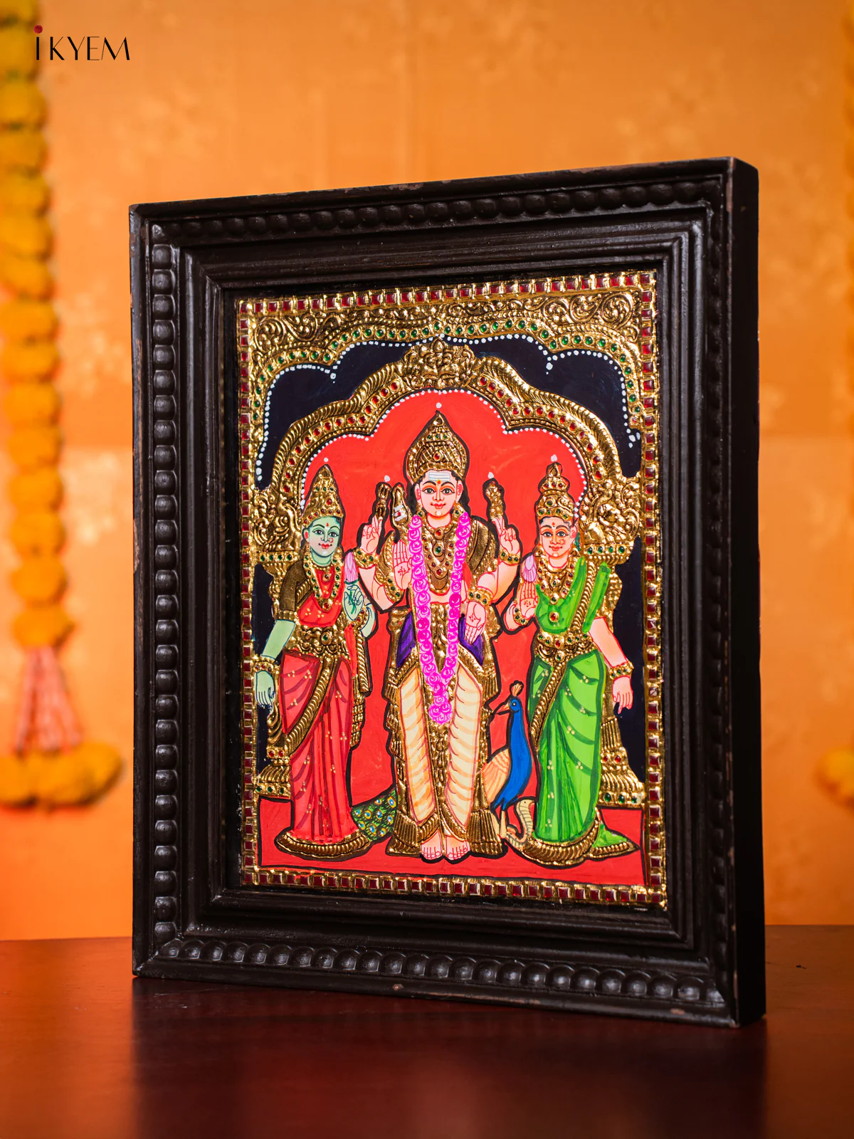 Radiant Lord Murugar With Valli & Deivanai Tanjore painting (18*15 Inch) - KJ03217 - Image 2