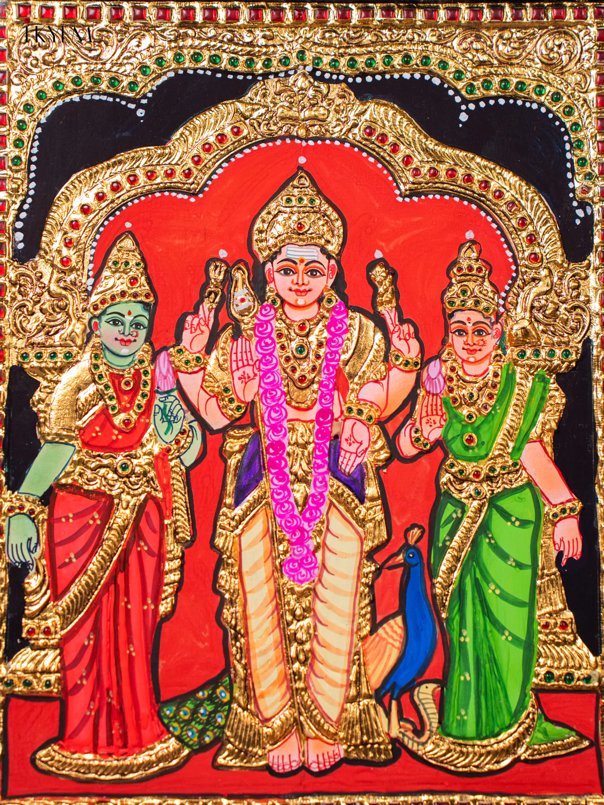Radiant Lord Murugar With Valli & Deivanai Tanjore painting (18*15 Inch) - KJ03217 - Image 3