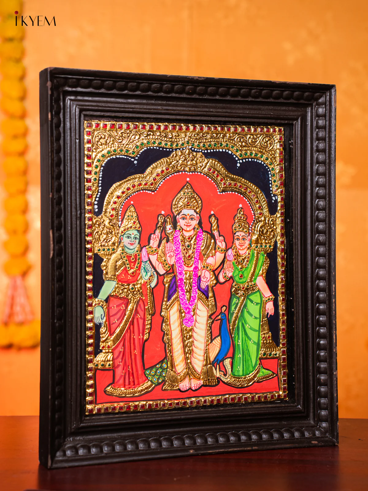 Radiant Lord Murugar With Valli & Deivanai Tanjore painting (18*15 Inch) - KJ03217 - Image 4