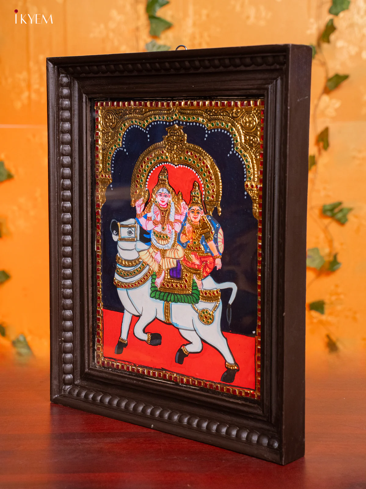 Tanjore Painting Of Siva Parvathi Seated On Nandhi in Teak Frame (18x15 Inch) - KH26190 - Image 4