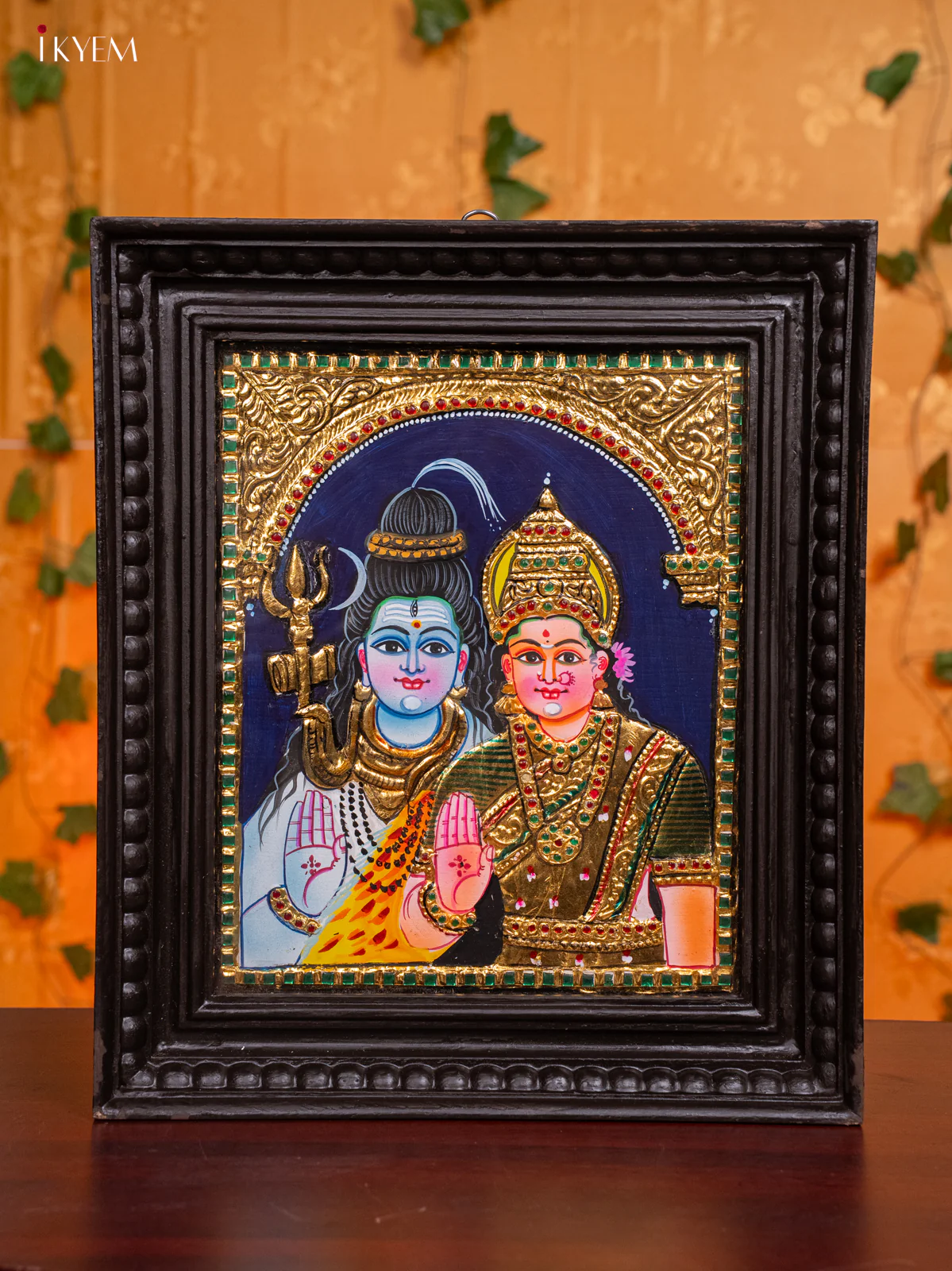 Divine Lord Shiva & Parvathi Tanjore Painting in Teak Wood Frame (13x15 Inch) - KH26172