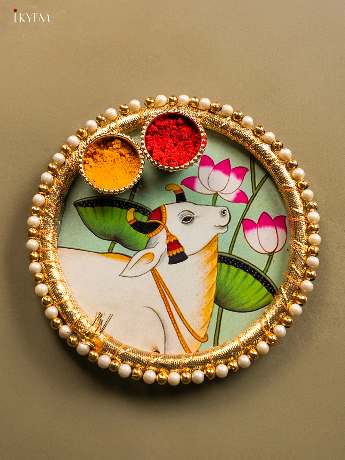 Lotus Green Pichwai Cow Printed Haldi kumkum holder - KG31123