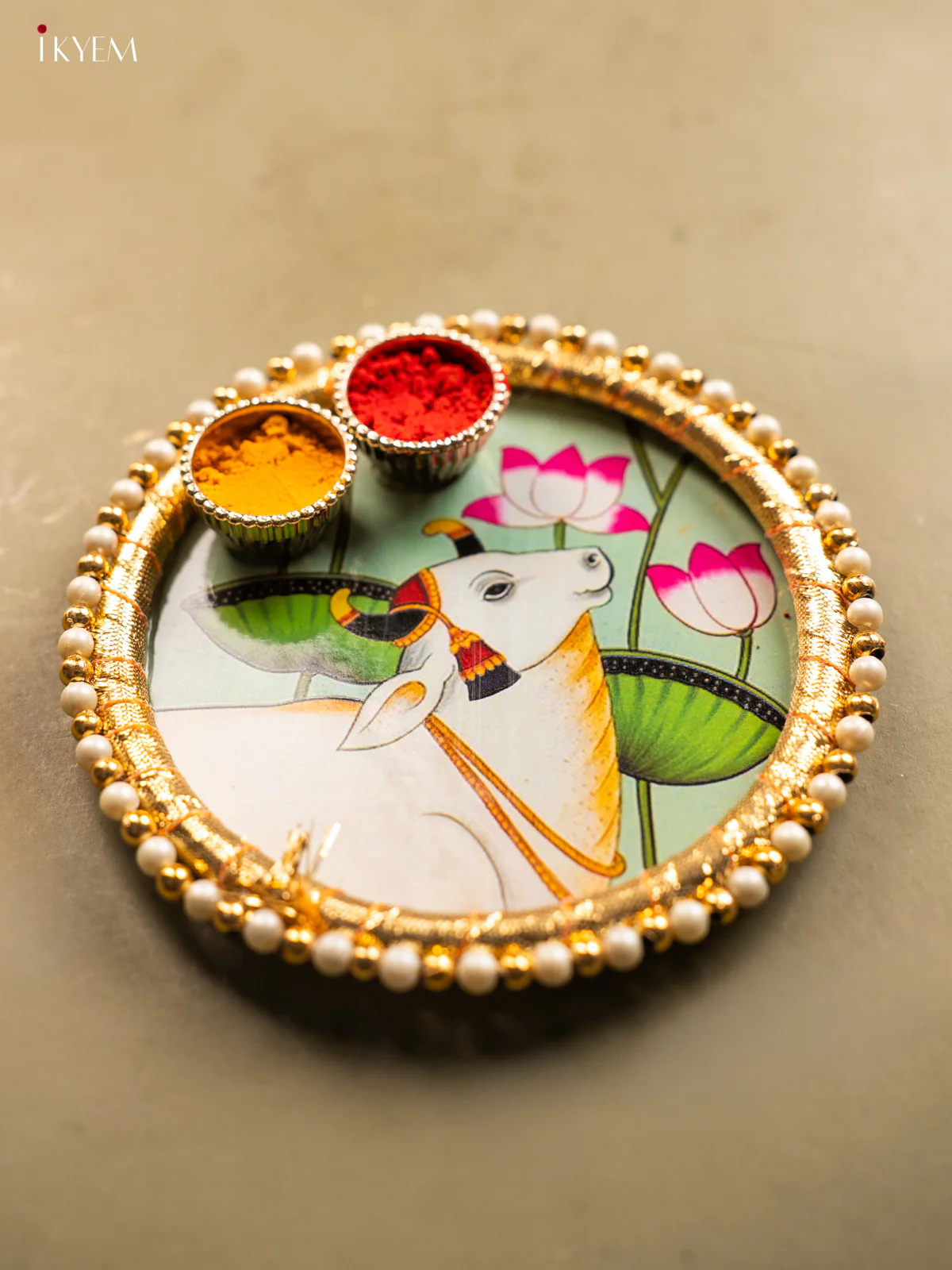 Lotus Green Pichwai Cow Printed Haldi kumkum holder - KG31123 - Image 2