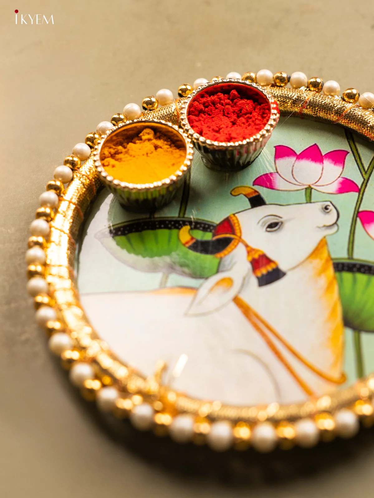 Lotus Green Pichwai Cow Printed Haldi kumkum holder - KG31123 - Image 3