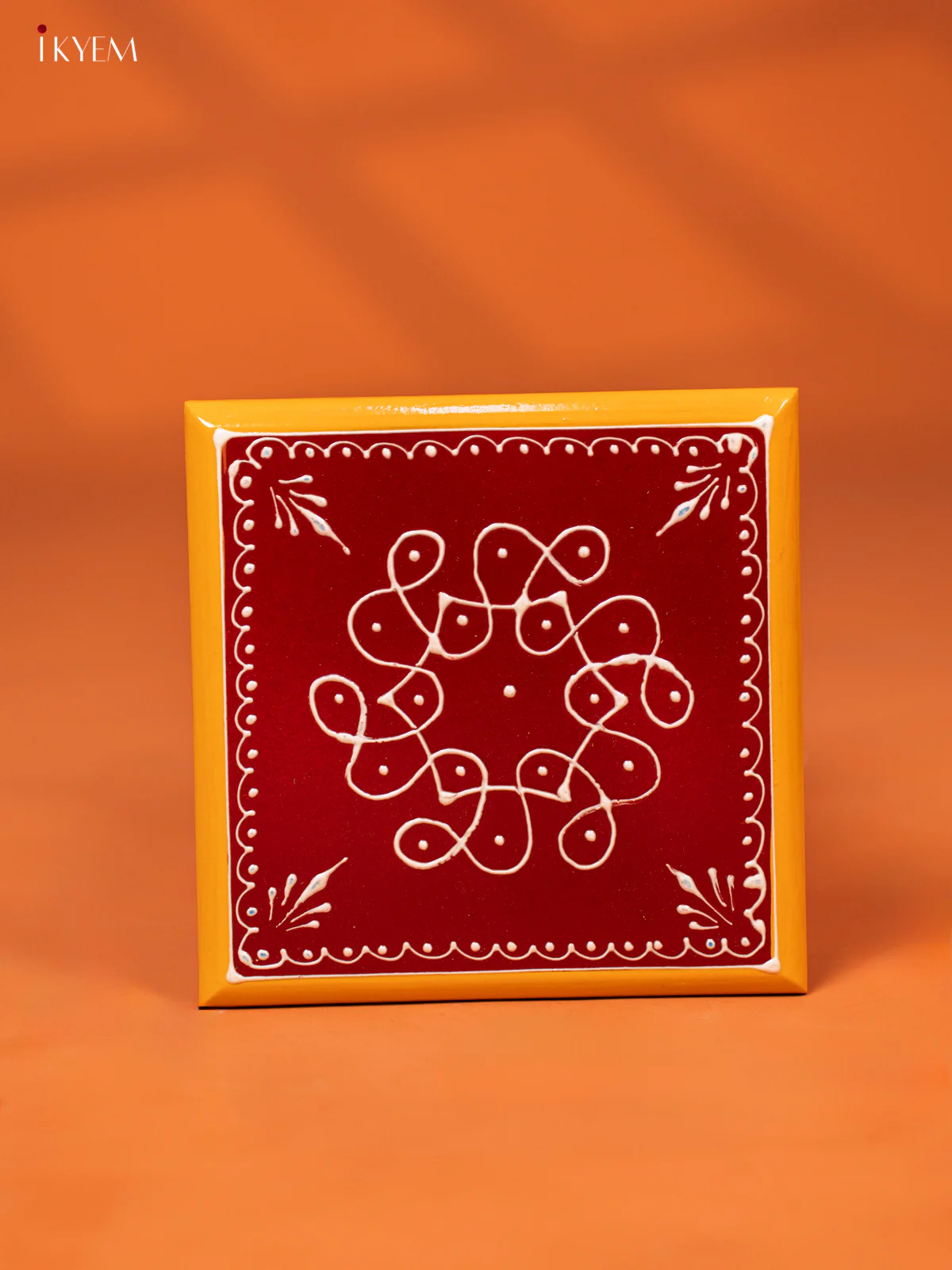 Maroon Hand-Painted Wooden Manai with Traditional Kolam Design - KE27116
