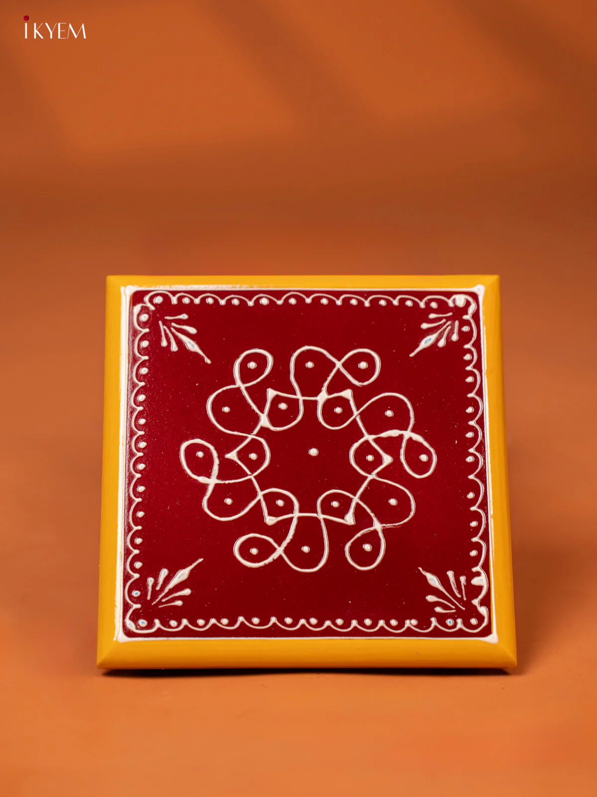 Maroon Hand-Painted Wooden Manai with Traditional Kolam Design - KE27116 - Image 2