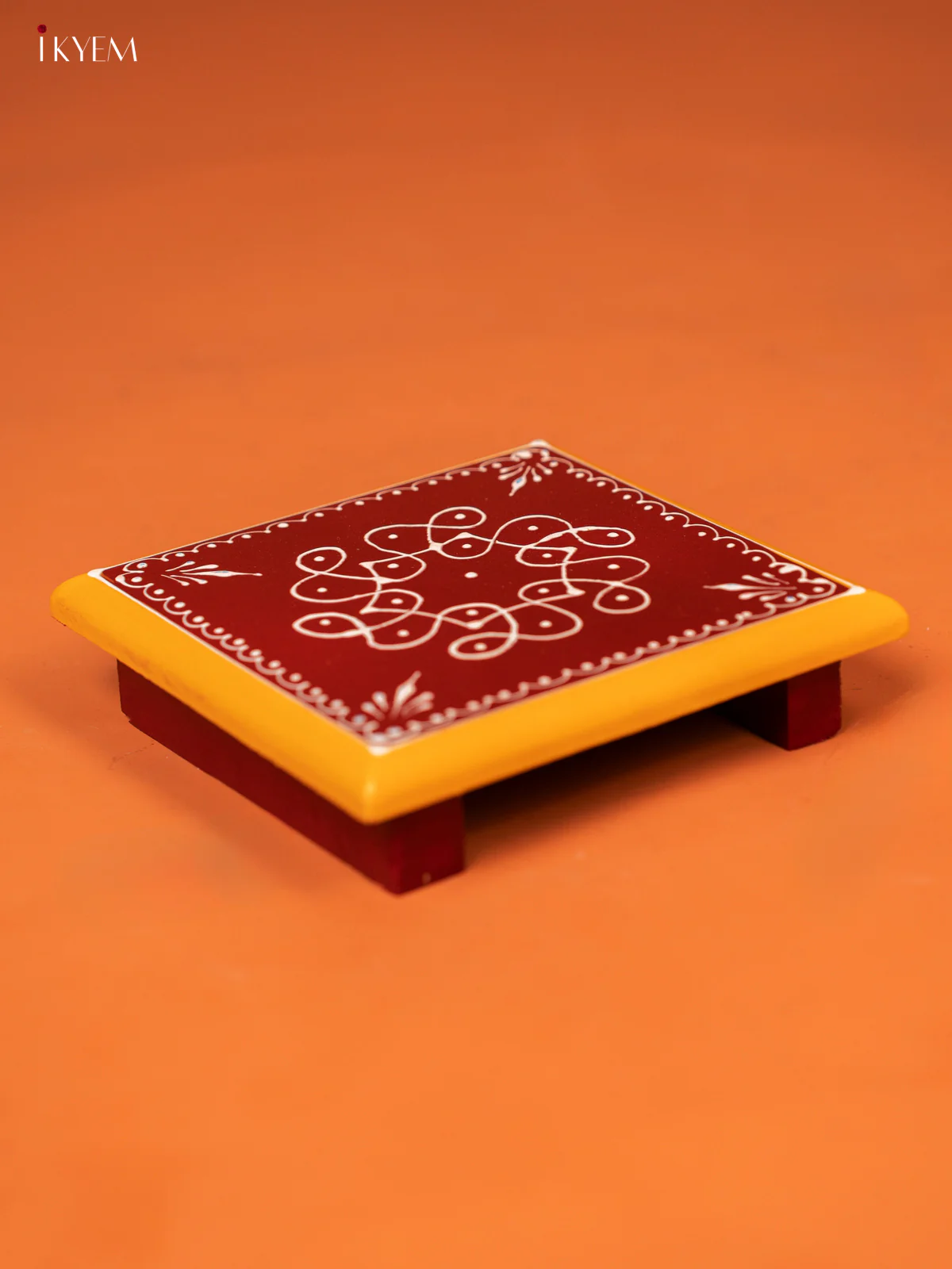 Maroon Hand-Painted Wooden Manai with Traditional Kolam Design - KE27116 - Image 3