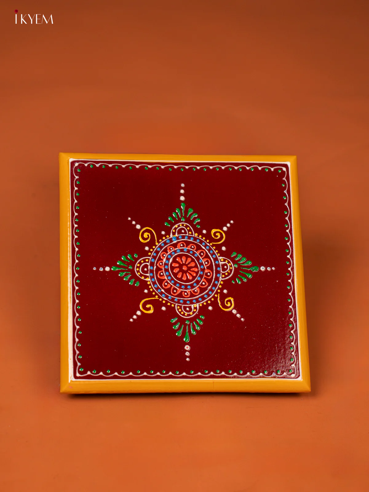 Kolam Hand-painted Maroon Wooden Chowki (8*8) - KE27122