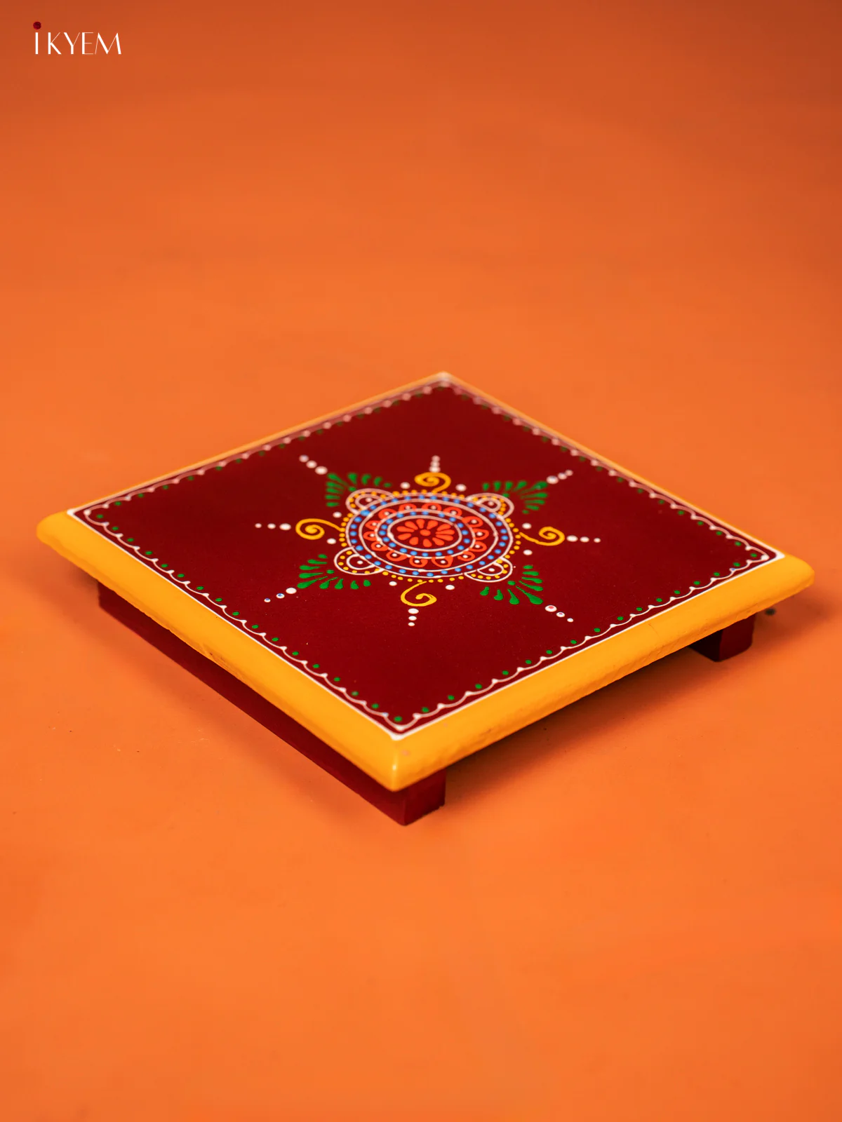 Kolam Hand-painted Maroon Wooden Chowki (8*8) - KE27122 - Image 3