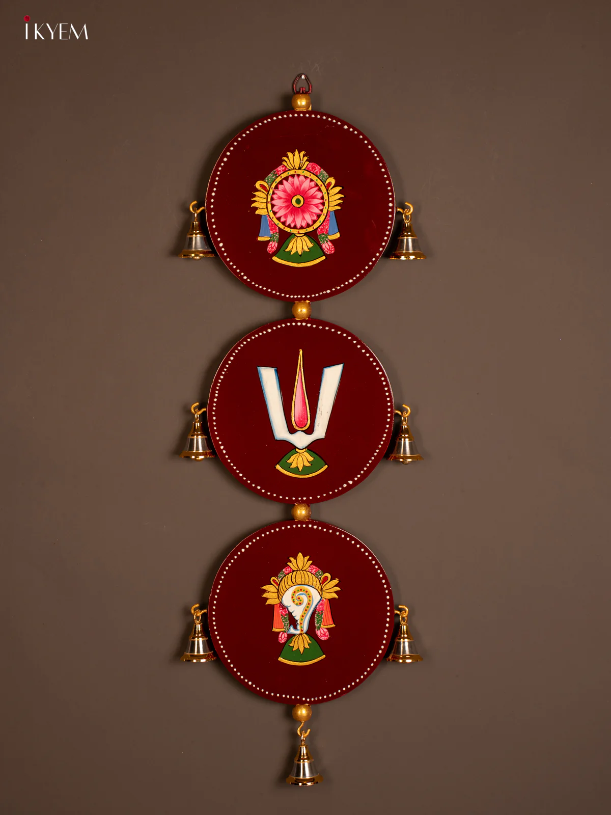 Maroon Hand-Painted Wooden Sangu Chakram Namam Wall Hanging - 24 Inches - KF07123