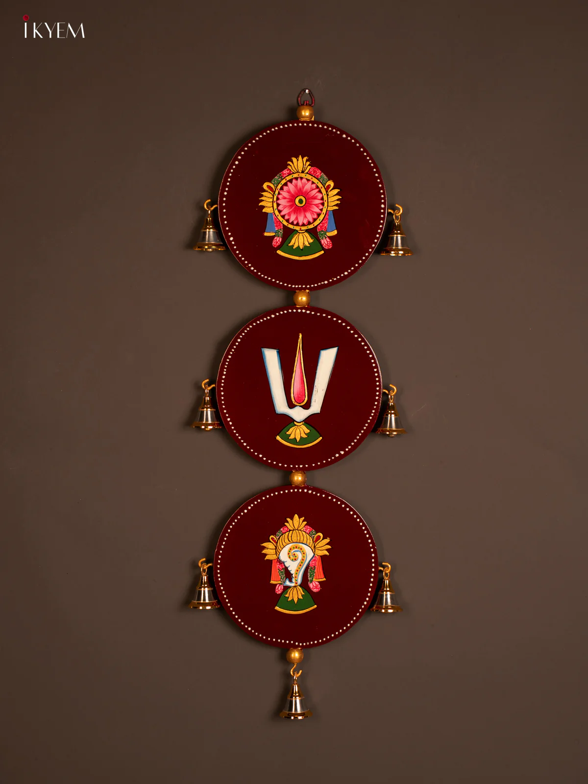 Maroon Hand-Painted Wooden Sangu Chakram Namam Wall Hanging - 24 Inches - KF07123 - Image 2