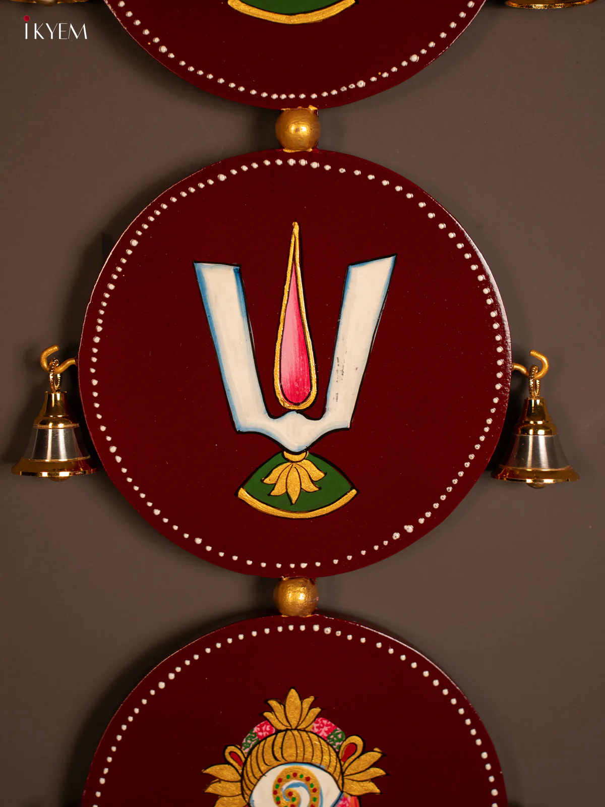 Maroon Hand-Painted Wooden Sangu Chakram Namam Wall Hanging - 24 Inches - KF07123 - Image 4