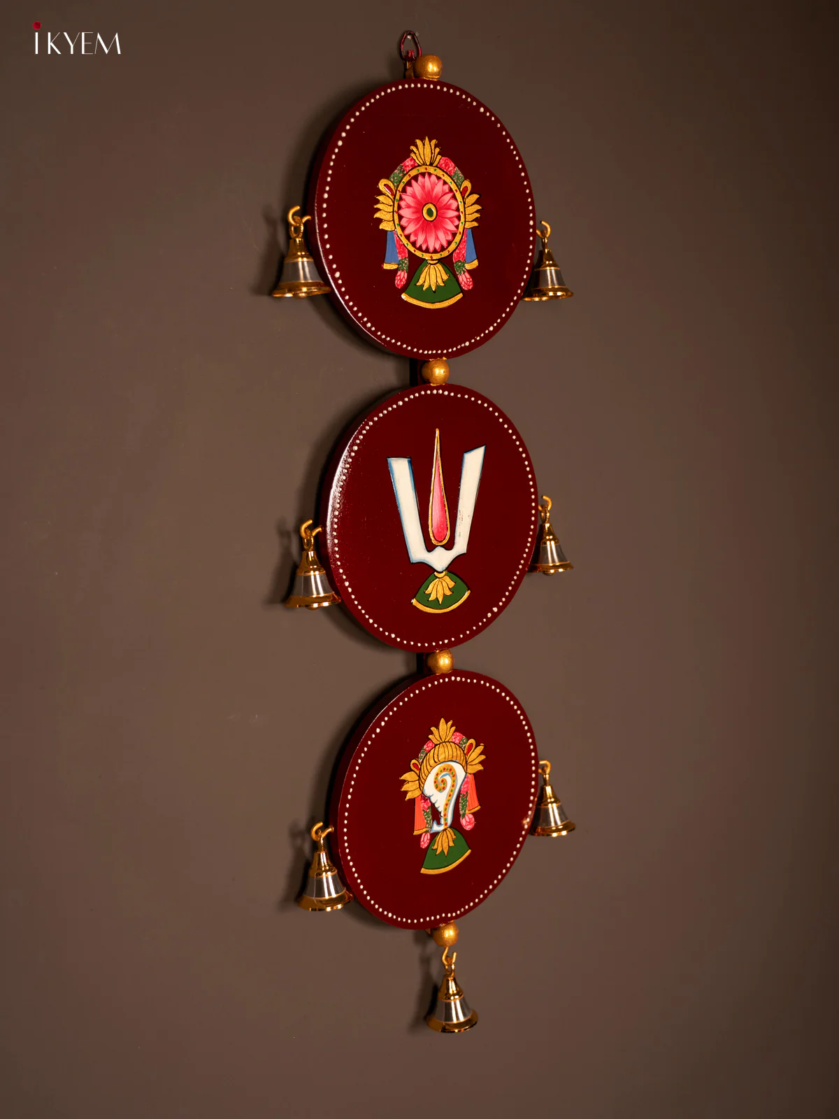 Maroon Hand-Painted Wooden Sangu Chakram Namam Wall Hanging - 24 Inches - KF07123 - Image 6