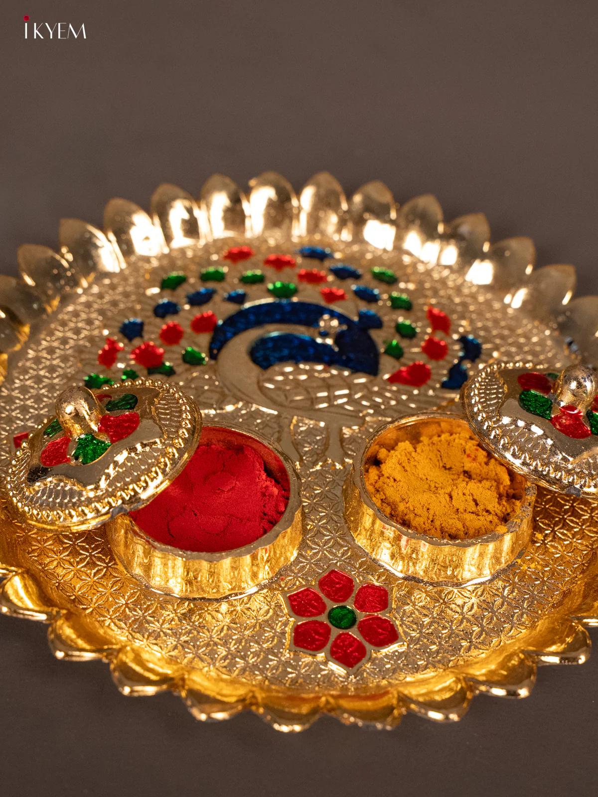 Meenakari Peacock Printed Haldi Kumkum Holder - KG25212 - Image 3