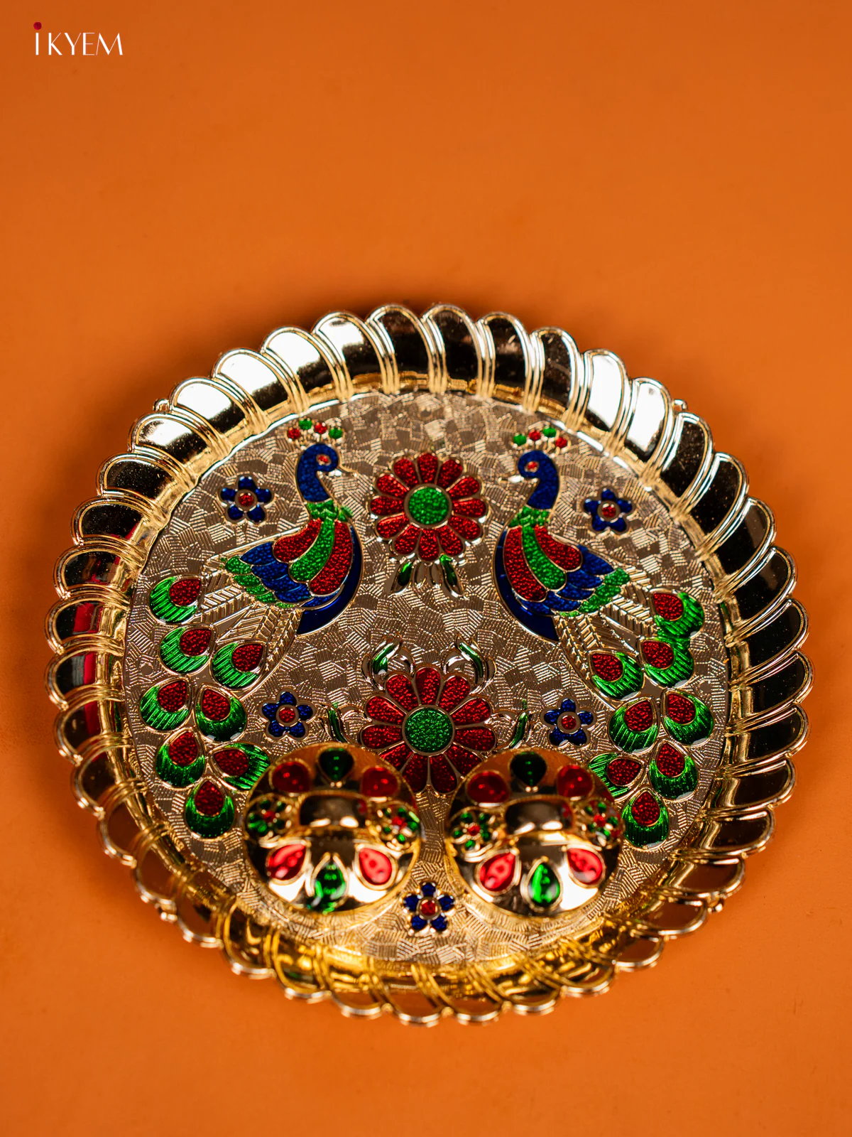 Elegant Meenakari Peacock Printed Pooja Plate With Kumkum Holder - KF28138