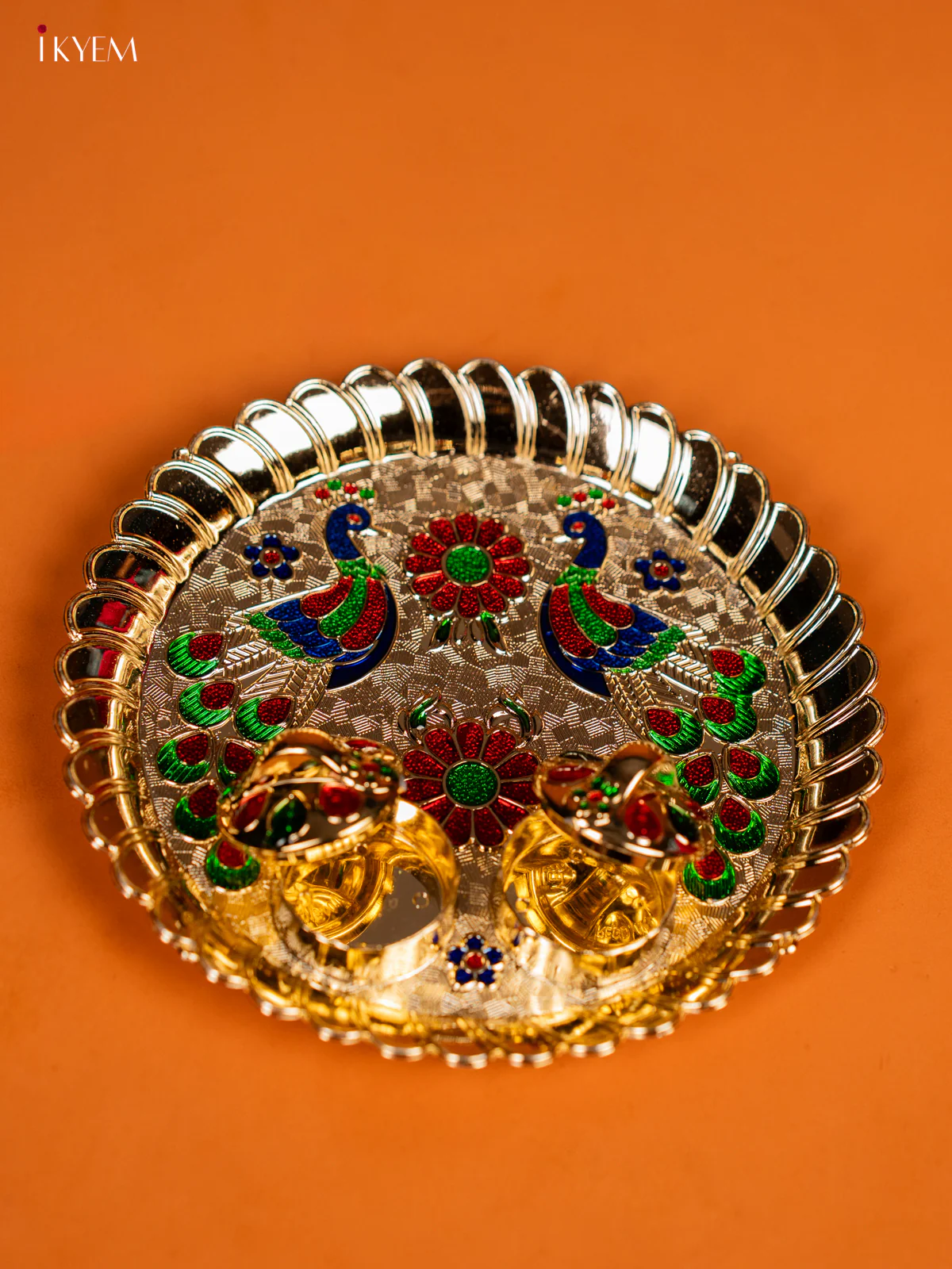 Elegant Meenakari Peacock Printed Pooja Plate With Kumkum Holder - KF28138 - Image 2